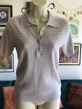 T TAHARI size S Beige Textured Short Sleeve Poorboy Sweater
